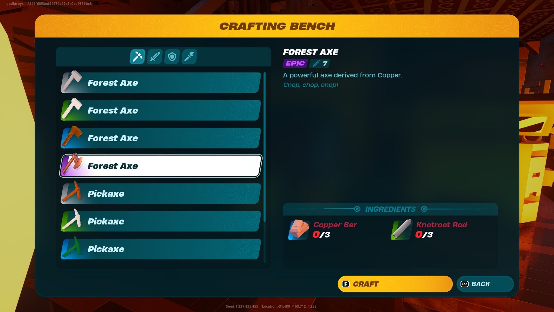 The player looks at the recipe for an Epic Forest Axe at a Crafting Station in LEGO Fortnite - 3