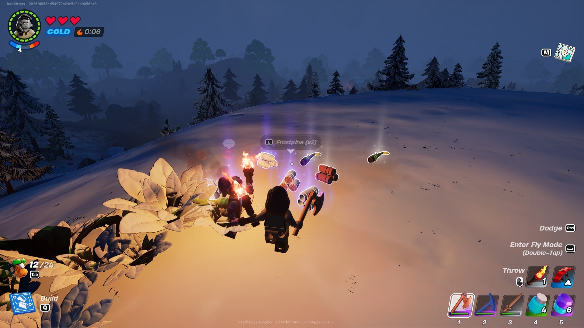 The player looks at some Frostpine, Wood, and Vines after chopping down a Frostpine tree in LEGO Fortnite