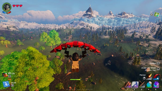 The player uses the Glider to glide across the Grasslands biome in LEGO Fortnite