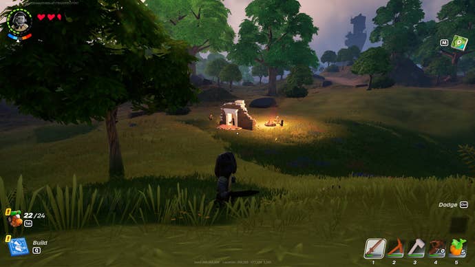 The player looks at a mob of enemy villagers in LEGO Fortnite