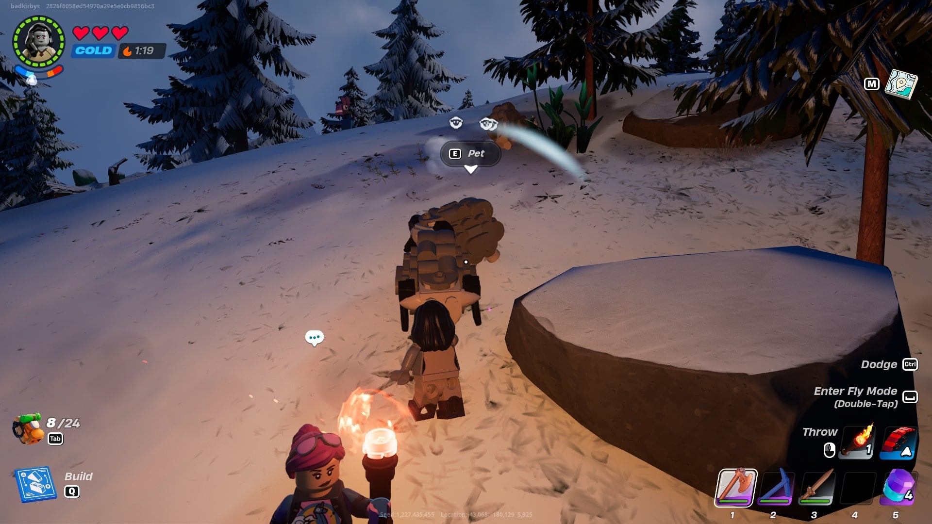 The player pets a sheep in the Frostlands biome in LEGO Fortnite