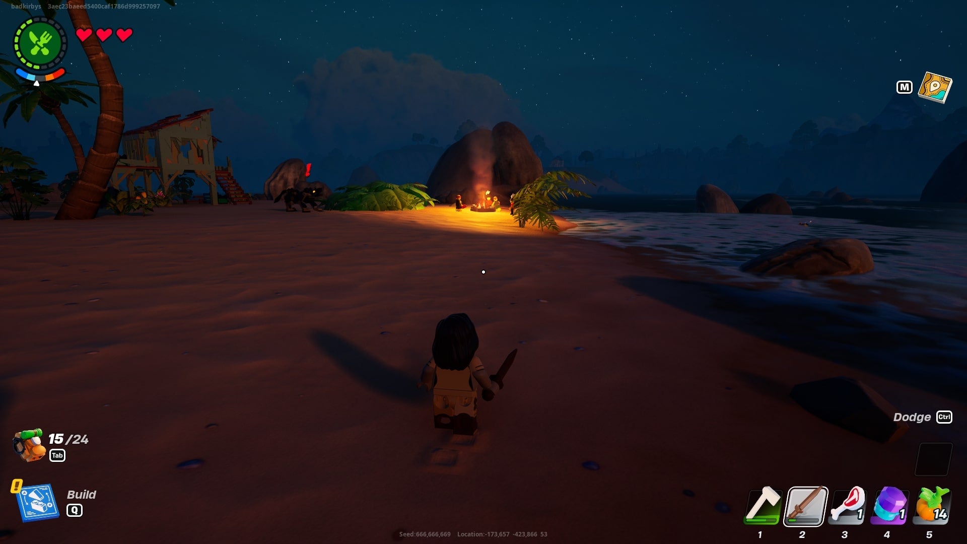 The player looks at a mod of pirates on the shore in LEGO Fortnite