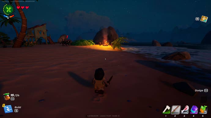 The player looks at a mod of pirates on the shore in LEGO Fortnite