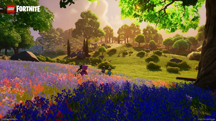 Lego Fortnite screenshot showing a meadow full of colourful flowers.