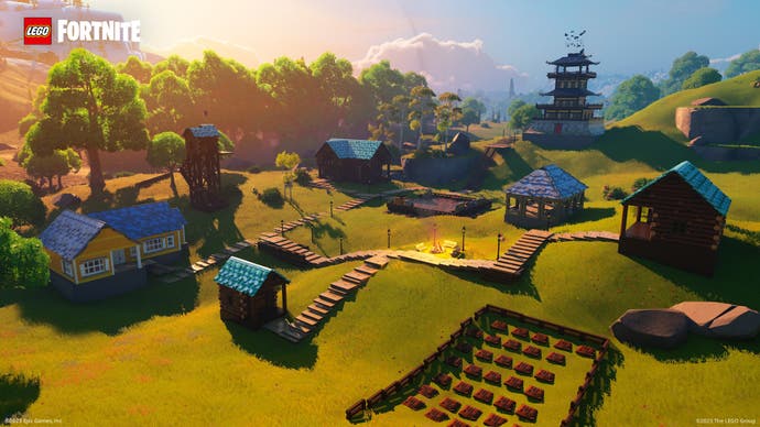 Lego Fortnite screenshot showing a farm.
