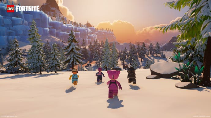 Lego Fortnite screenshot showing characters exploring in the snow.