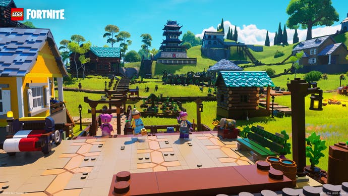 Lego Fortnite screenshot showing a small Lego settlement.