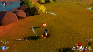 The player digs soil using the shovel while near some chickens in LEGO Fortnite