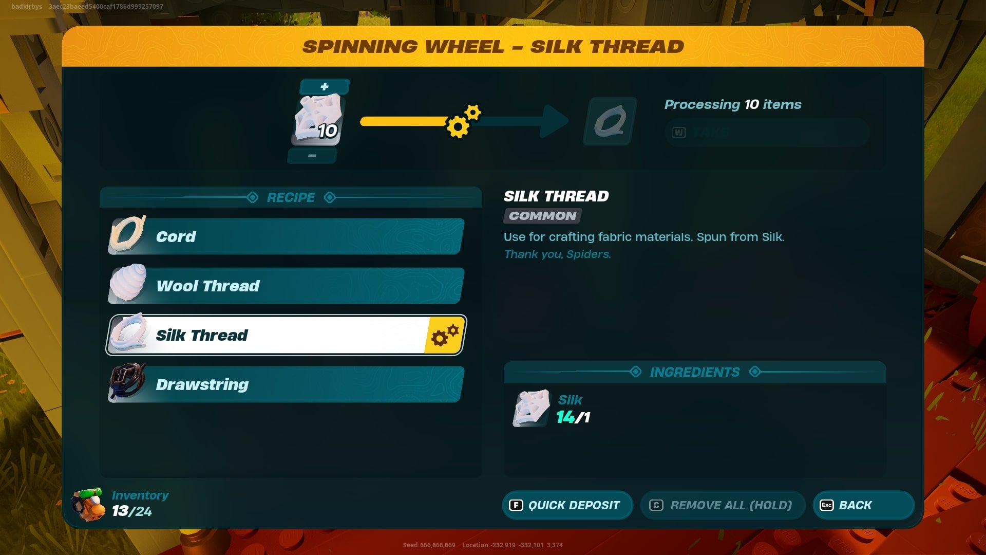 The player refines Silk into Silk Thread at the Spinning Wheel in LEGO Fortnite - 4