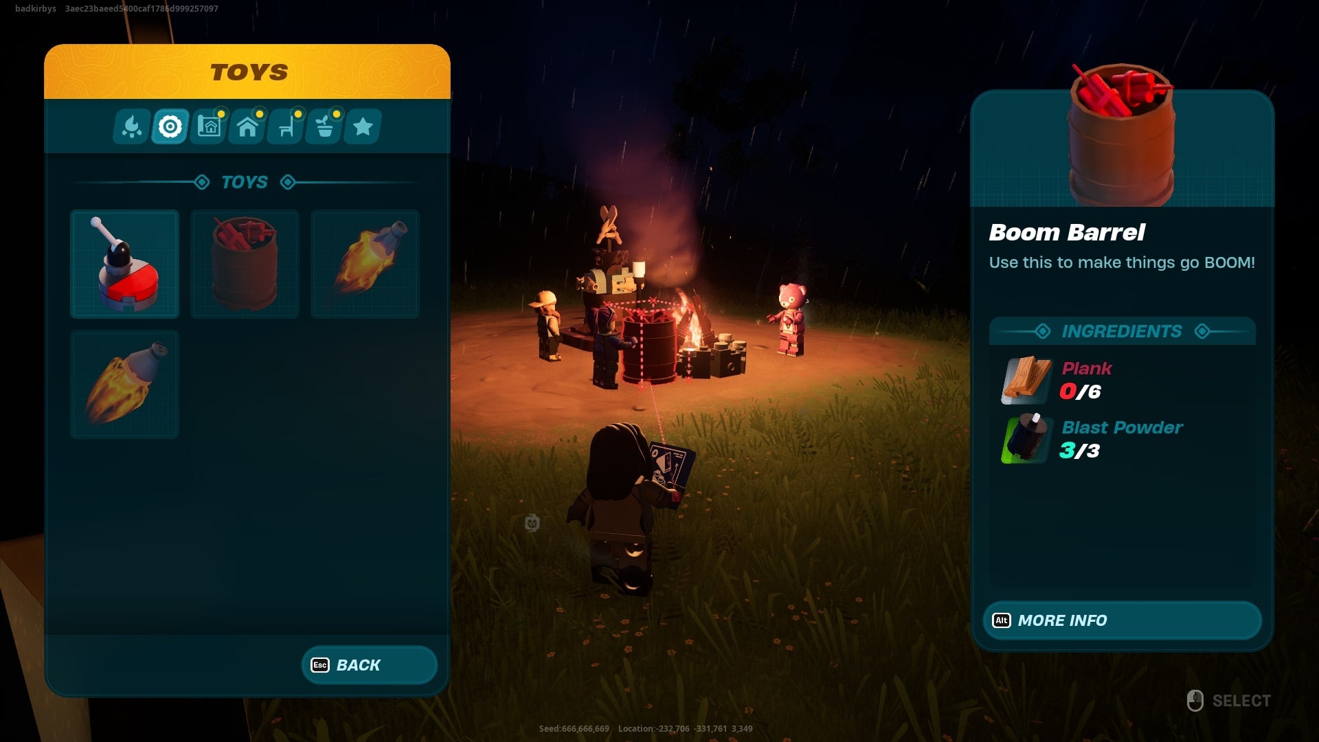 The player looks at crafting a Boom Barrel from the Toys section of the build menu in LEGO Fortnite - 5