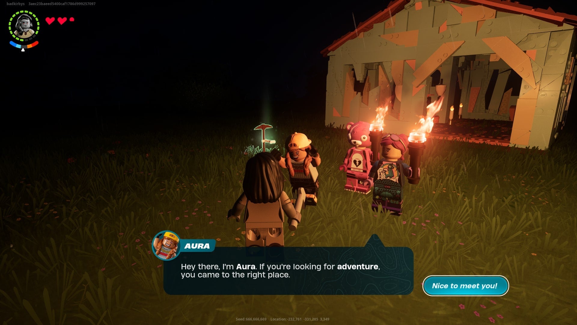The player speaks to Aura, one of their villagers, in LEGO Fortnite