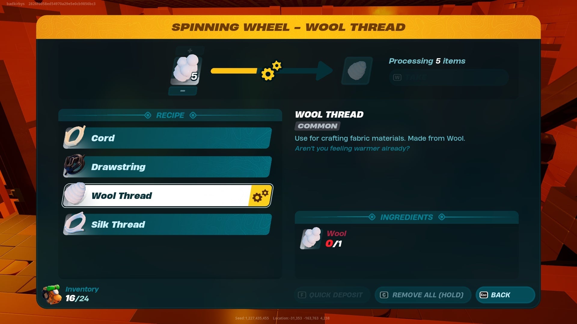 The player refines wool into wool thread at a spinning wheel in LEGO Fortnite