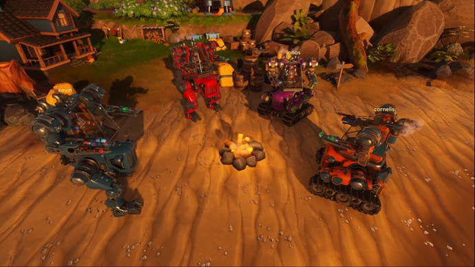 Lightyear Frontier four player mechs around a campfire