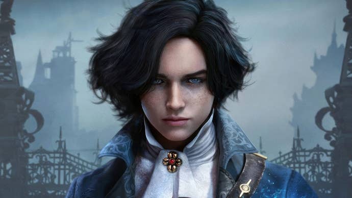 Lies of P key art, showing delicate but striking young person with a high coloured blue coat, white cravat, porcelain-white skin, and mid-length, raven-black hair. It’s a moody but beautiful image.