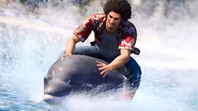 Like A Dragon: Infinite Wealth’s main character rides on top of a dolphin swimming at a comically fast speed.