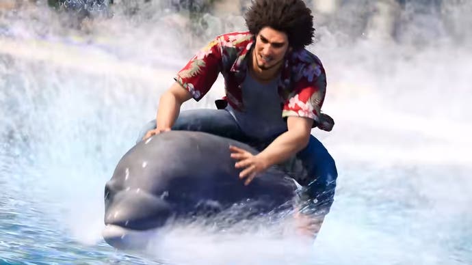 Like A Dragon: Infinite Wealth's main character rides on top of a dolphin swimming at a comically fast speed.