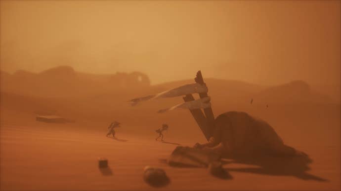 Alone and Low trudging through a desert sandstorm in Little Nightmares 3.