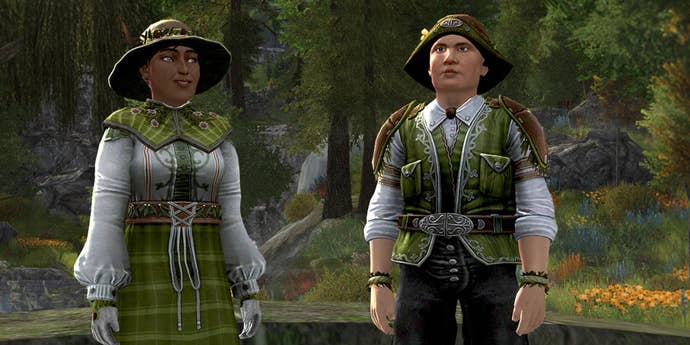 Two hobbits successful greenish and achromatic outfits successful The Lord Of The Rings Online