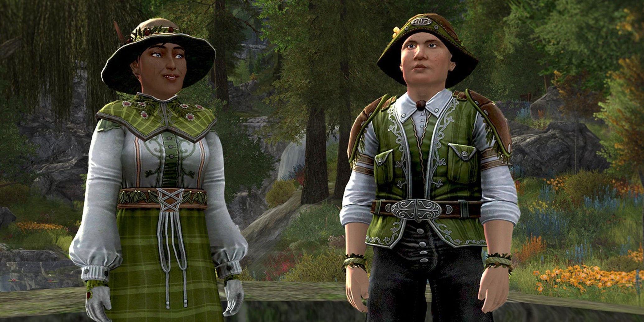 Two hobbits in green and white outfits in The Lord Of The Rings Online - 1