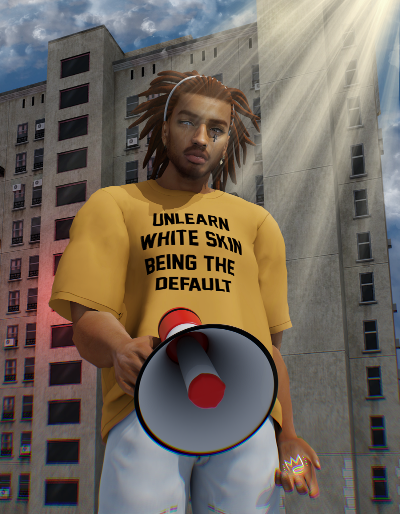 Black Sims character with yellow t-shirt slogan &ldquo;unlearn white skin being the default&rdquo; with megaphone