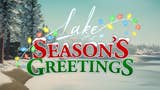 Lake Season's Greetings DLC logo - the game's logo, Lake written in white cursive, sits above the words "Season's Greetings" which are written in red and green. A string of multicoloured fairy lights is twined across the top of the writing. The words sit ton top of a wintry scene - a frozen over lake and pine trees laden with snow. A snowy mountain sits in the far distance.