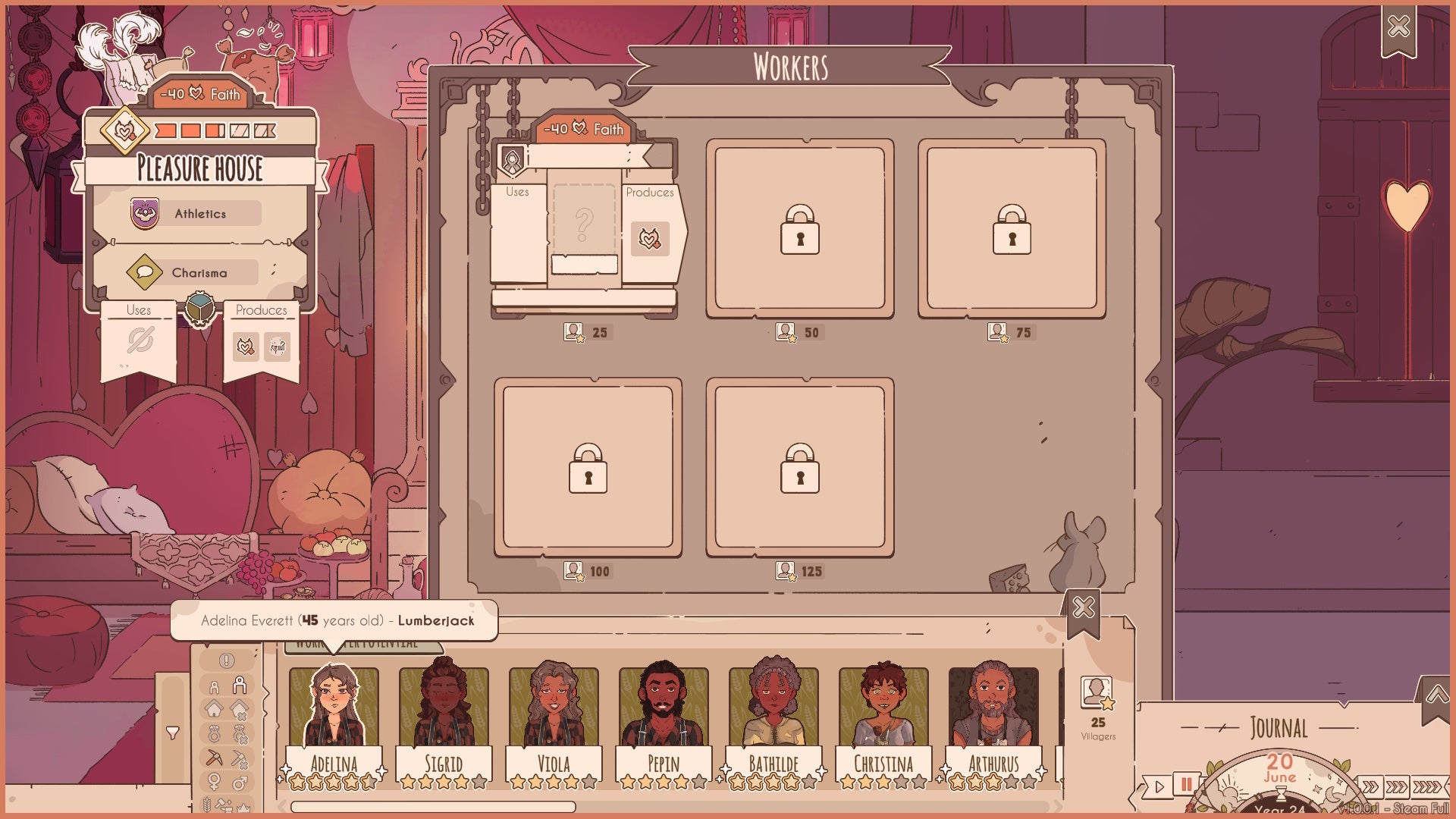 Menu showing the Pleasure House building and best potential workers.