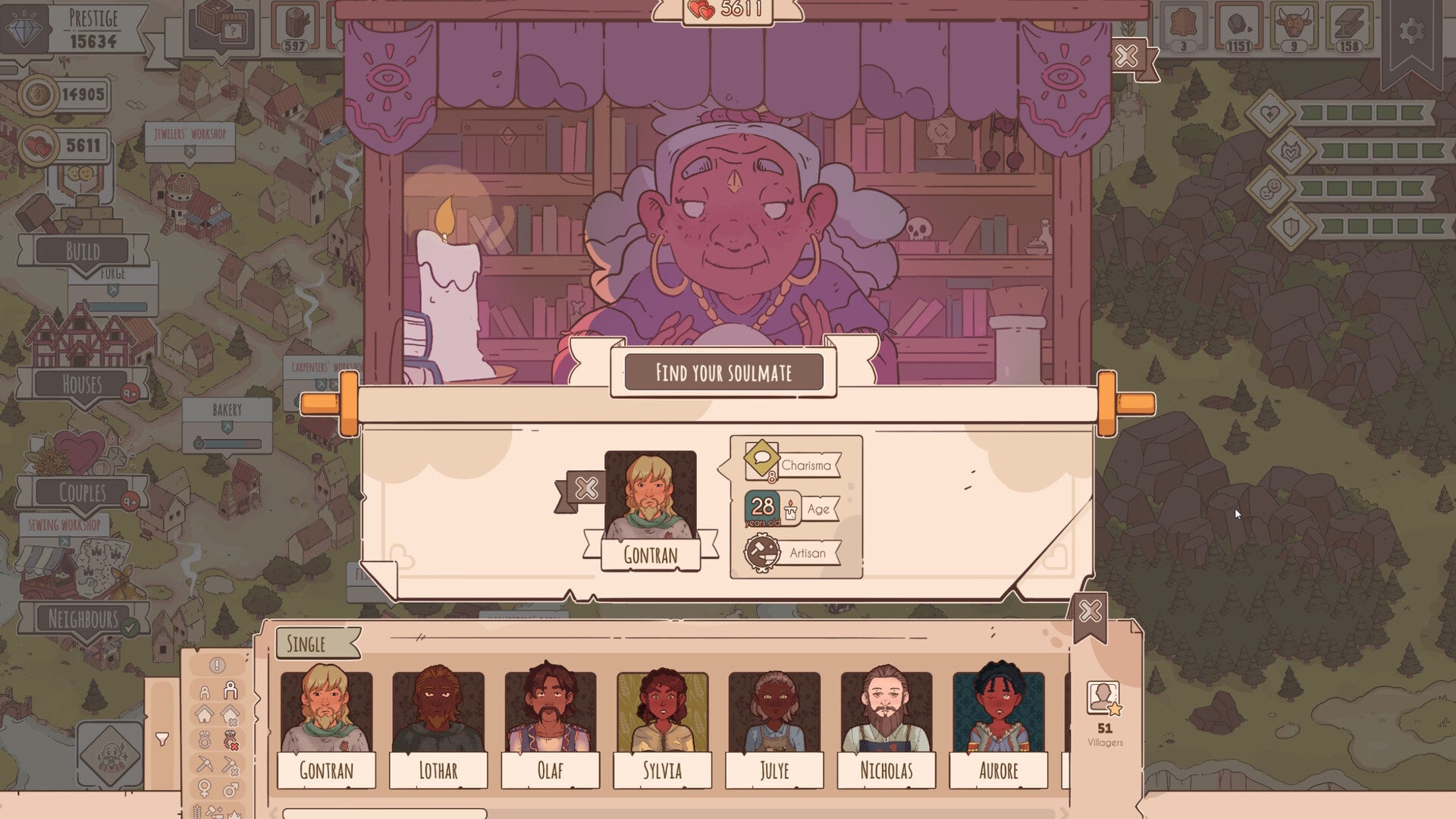 Menu showing selecting a character to find a soulmate with Tindra.