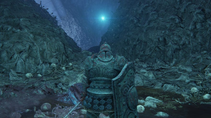 An armored Tarnished stands in the depths of Lamenter’s Gaol in Elden Ring: Shadow of the Erdtree.
