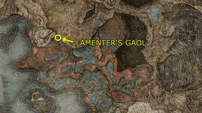 A map showing Lamenter’s Gaol in Elden Ring: Shadow of the Erdtree.