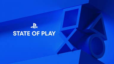 Largely blue PS State of Play header with PS symbols to one side