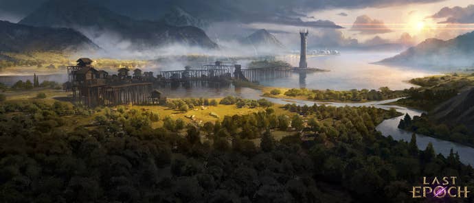 Last Epoch artwork showing a distant Isengard-like tower surrounded by a lake, moss-coloured forests and hills