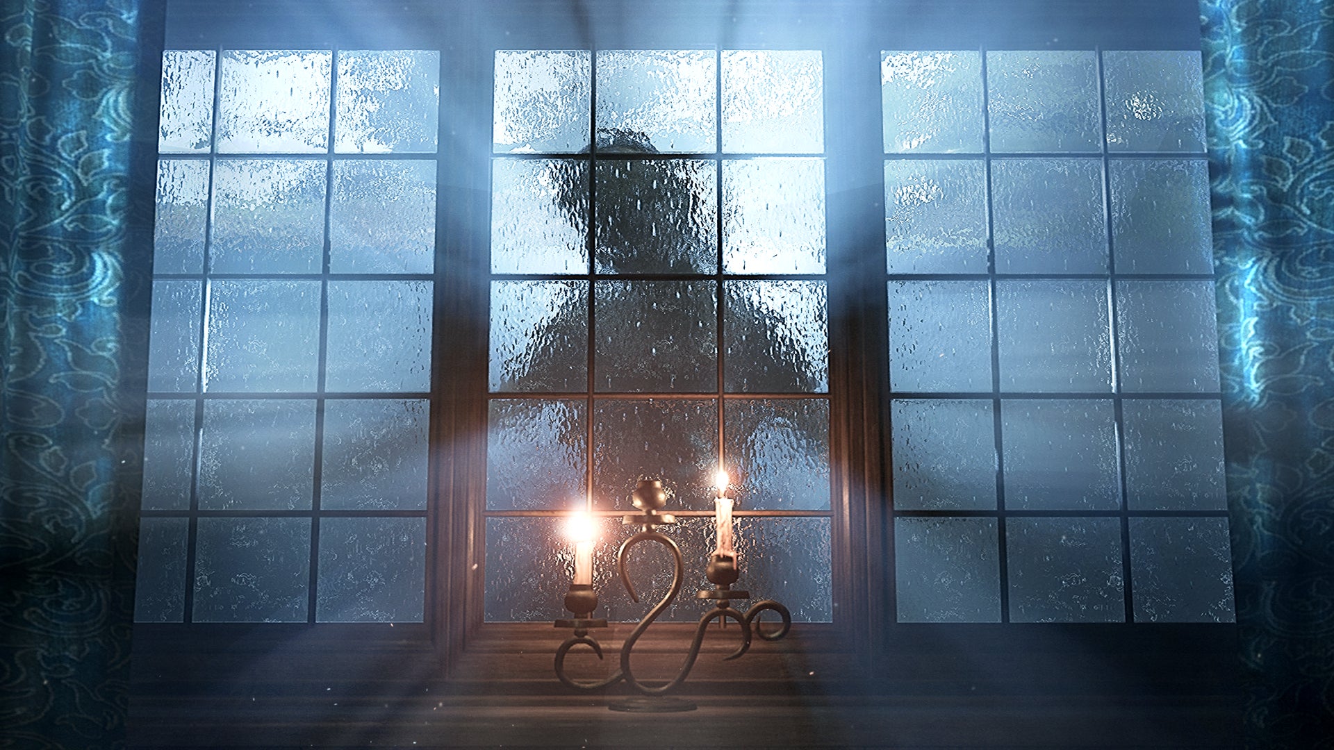 Layers of Fear screenshot showing an eerie figure silhouetted by moonlight, looking in through an ornate window.