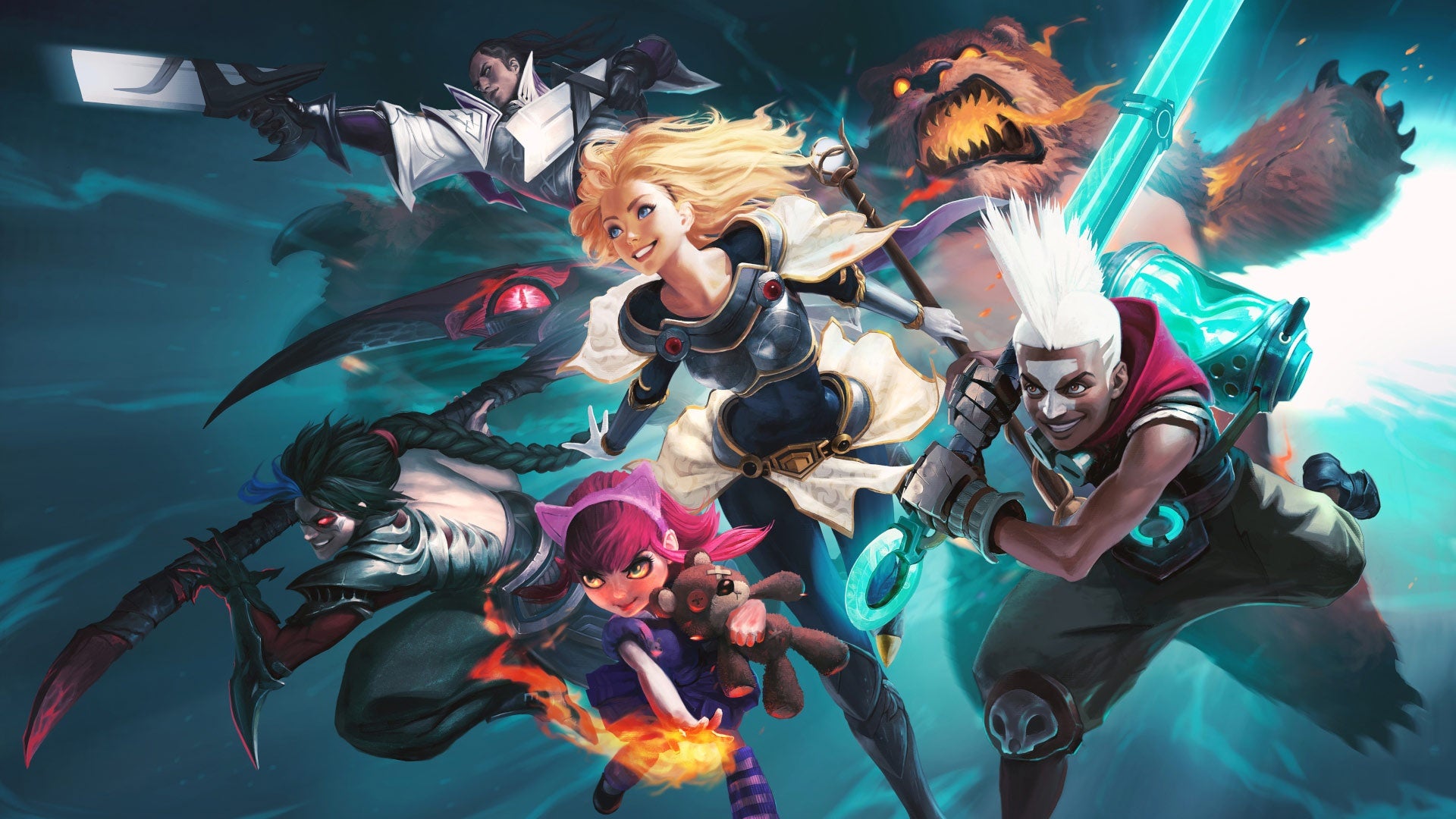 Key art from League Of Legends showing characters surging forwards, bearing weapons - 1