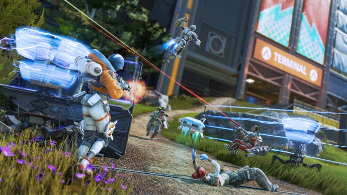 Wattson, in Apex Legends Season 20 Breakout, with her two new pylons, engaged in a firefight.