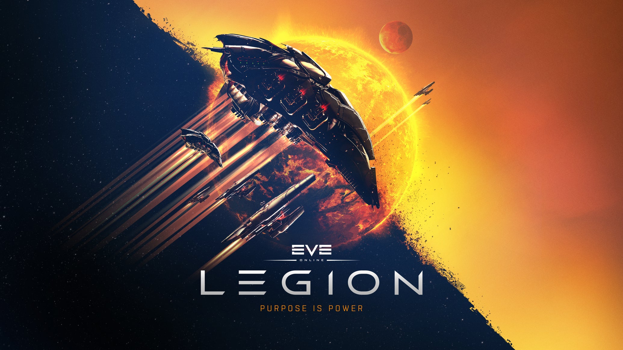 Key art for Eve Online Legion expansion, with a black and gold aesthetic, two ships in the middle, and what looks like a burning sun in the background. - 1