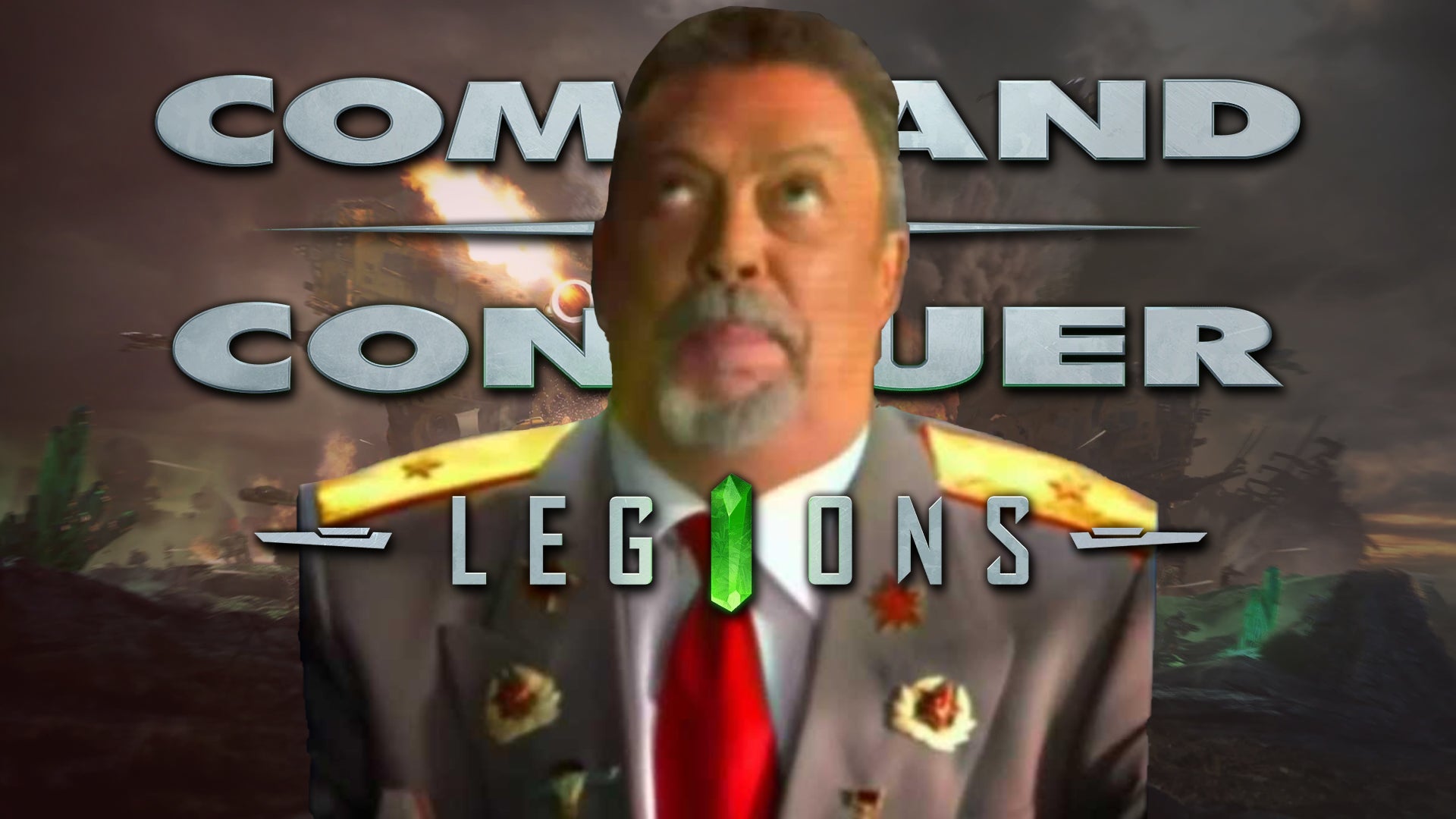 Tim Curry, slightly blurred, sits atop of C&C Legions key art and logo. - 1