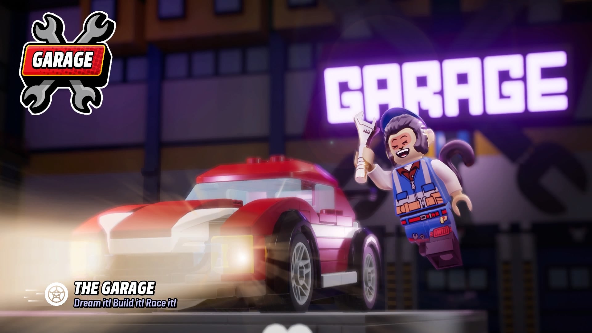 Lego 2K Drive review screenshot, showing a garage, with a red sports car parked on the left and an excited monkey on the right, holding a spanner.