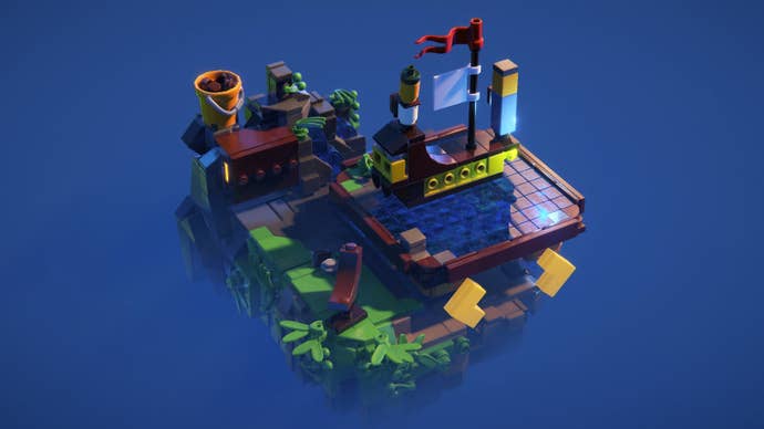 A screenshot from Lego Builder’s Journey showing a minifig aboard a ship