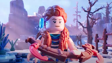 Lego Horizon Adventures screenshot showing Lego Aloy holding a bow and arrow.