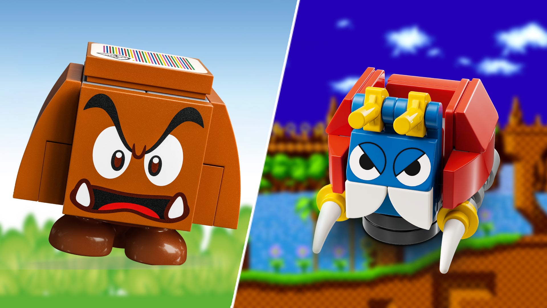 A Lego Goomba and a Lego Badnik stare at each other, both are cross, and the backgrounds are slightly blurred versions of each respective models home level. - 1