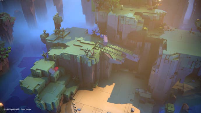 Rolling Lego bricks up a cliff to build a bridge in Lego Voyagers.