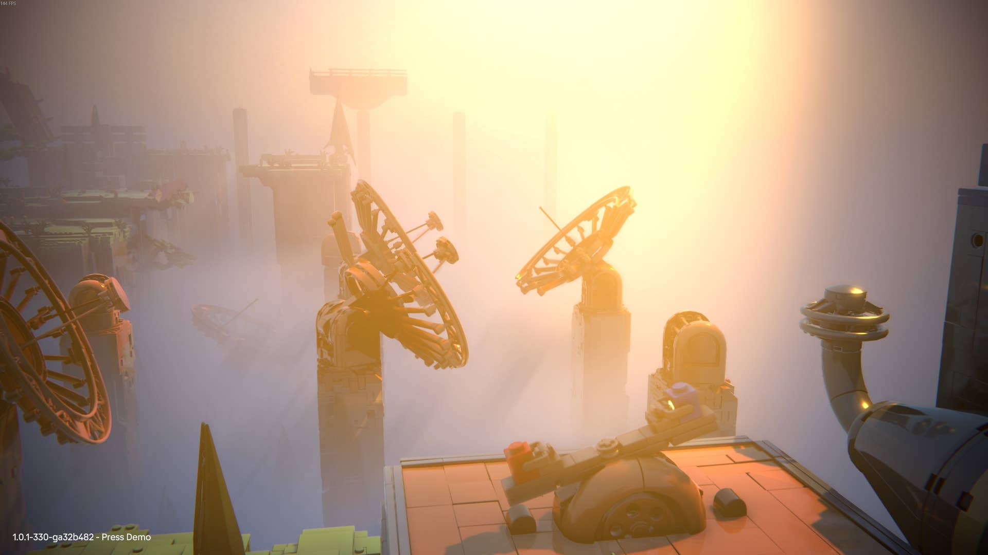 The red and blue bricks play on a seesaw together in Lego Voyagers, numerous satellite dishes off in the distance.