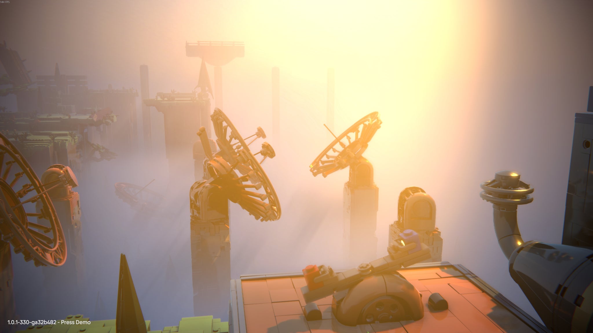 The red and blue bricks play on a seesaw together in Lego Voyagers, numerous satellite dishes off in the distance. - 8