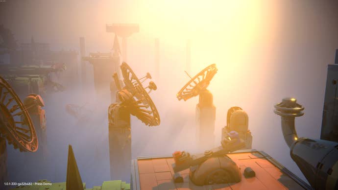 The red and blue bricks play on a seesaw together in Lego Voyagers, numerous satellite dishes off in the distance.