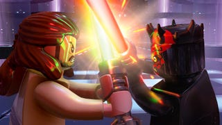 Lego figures of Qui Gon Jinn and Darth Maul fighting with lightsabers in Lego Star Wars The Skywalker Saga