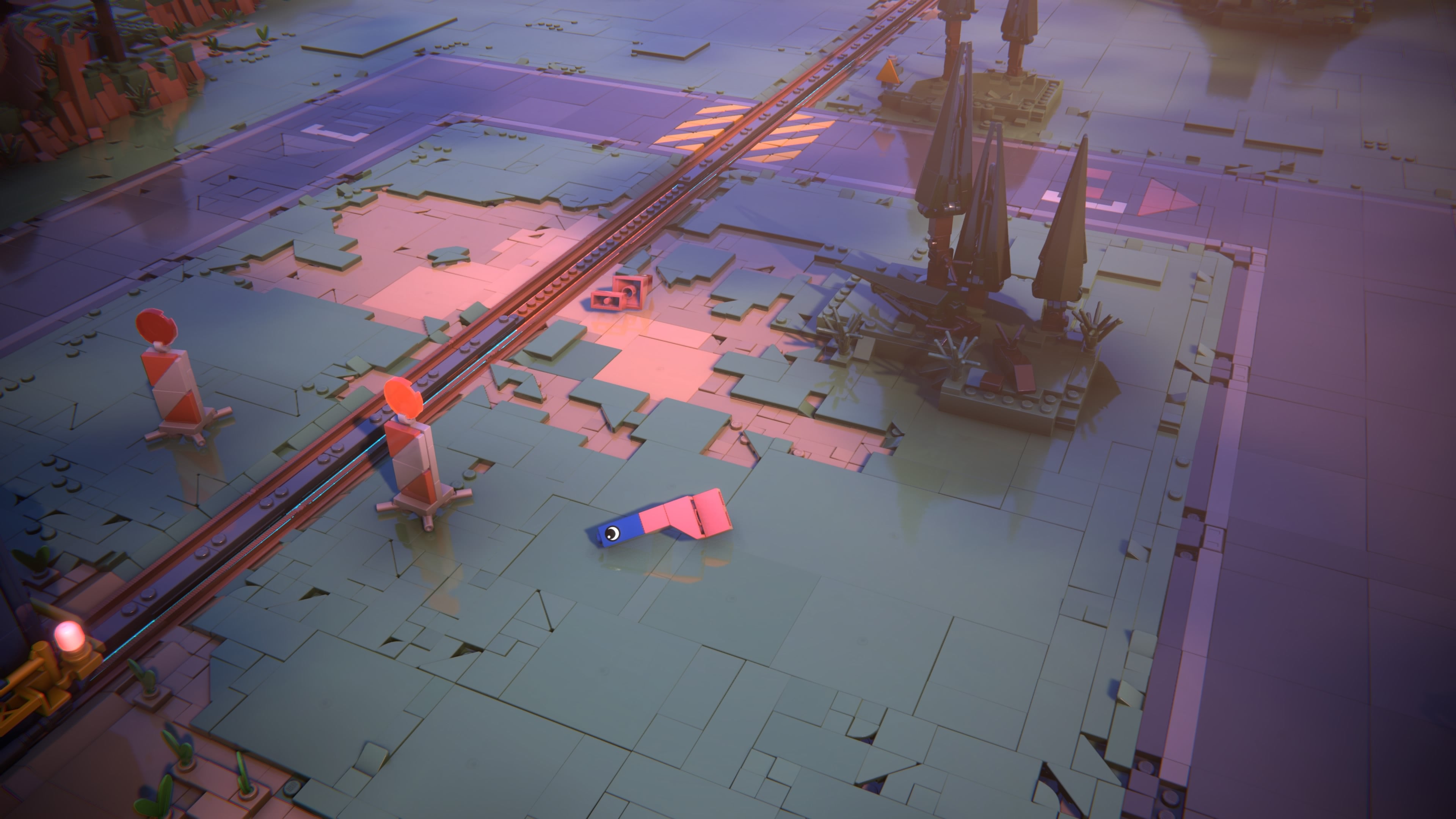 Lego Voyagers screenshot showing Red and Blue (small Lego bricks) moving about the world