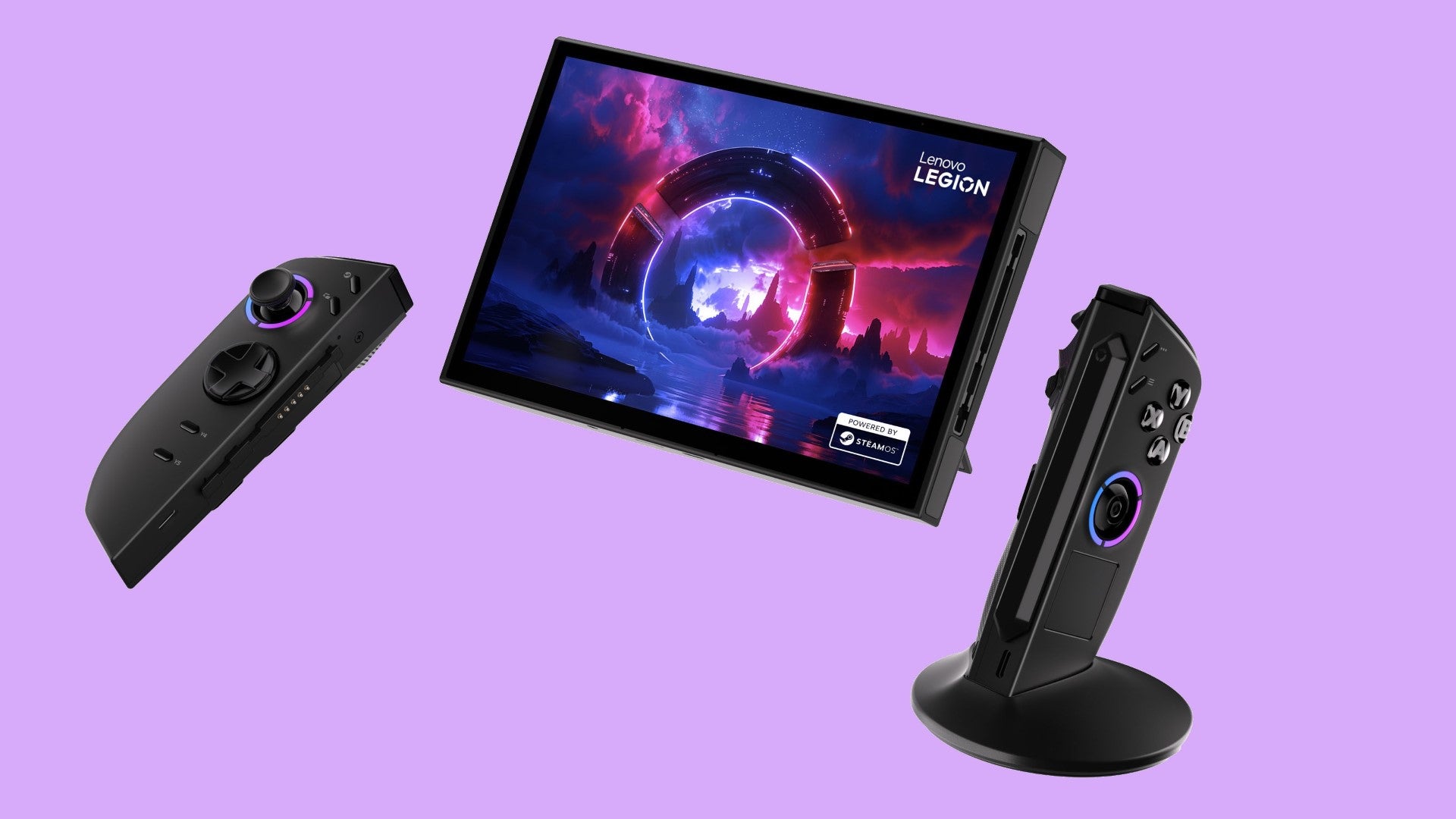 The Lenovo Legion Go 2 with SteamOS on a purple background. - 3