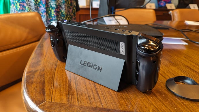 A rear view of the Lenovo Legion Go, showing its kickstand in action.