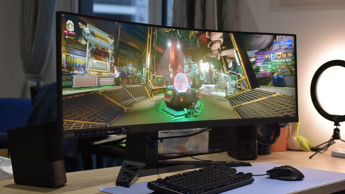 The Lenovo Legion R45w-30 gaming monitor, running Deep Rock Galactic.