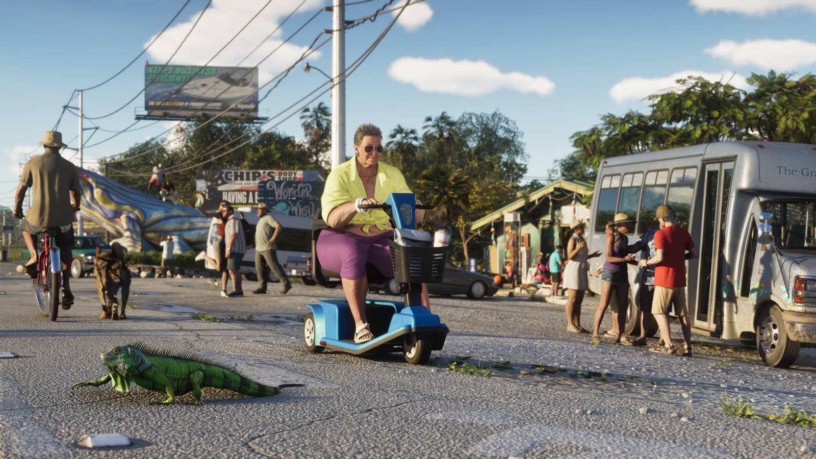 GTA 6 screenshot of Leonida Keys showing woman on mobility scooter riding past a lizard in the street